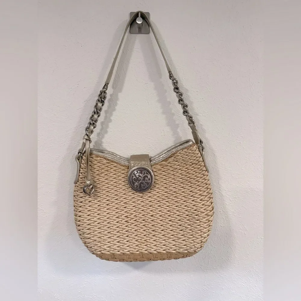 Brighton Jani Straw Chain Shoulder Bag Gold Silver Leather Strap